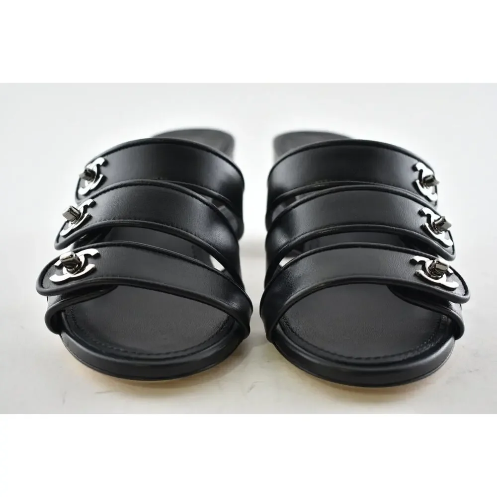Chanel 19P Black Leather Turnlock CC Logo Mule Strap Slide Block Heel Sandal 36 - Picture 7 of 12